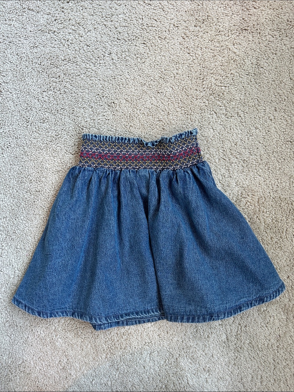 Monoprix, Smocked Waist Denim Skirt with Multicolor Embroidery, EUC, 5
